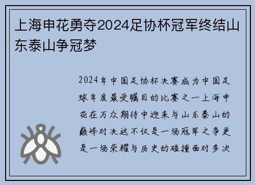 上海申花勇夺2024足协杯冠军终结山东泰山争冠梦 上海申花勇夺2024足协杯冠军终结山东泰山争冠梦