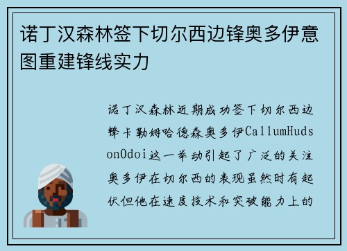 诺丁汉森林签下切尔西边锋奥多伊意图重建锋线实力